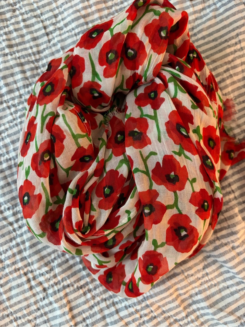 J Crew Lightweight Floral Poppy Scarf - Red & Green on Cream